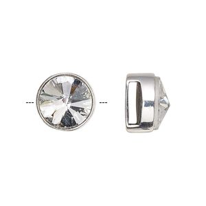 Slide, cubic zirconia and sterling silver, clear, 14mm single-sided round with 9x2mm hole. Sold individually.