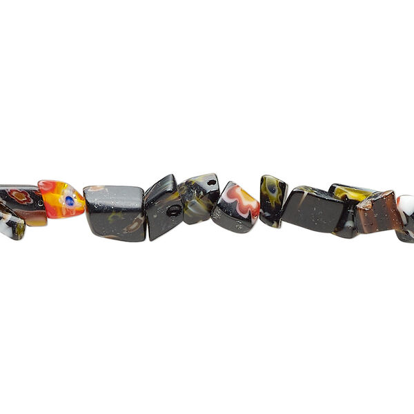 Bead, millefiori glass, translucent black and multicolored, mini to small chip. Sold per 33-inch strand. image number 0