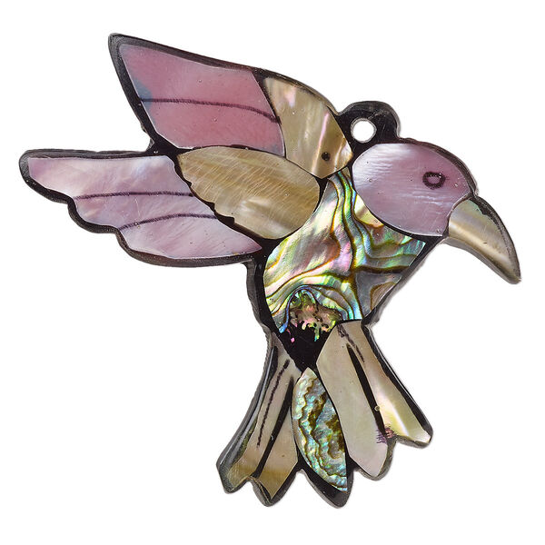 Focal, multi-shell (assembled) and resin, multicolored, 45x36mm-48x40mm single-sided flat hummingbird. Sold individually. image number 0