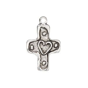 Drop, antique silver-plated "pewter" (zinc-based alloy), 25x18mm single-sided cross with heart and dots design. Sold per pkg of 2.