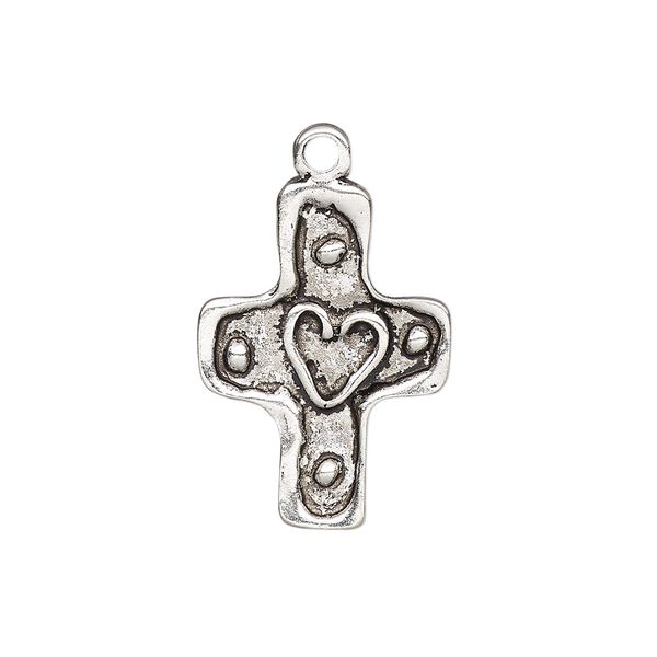 Drop, antique silver-plated "pewter" (zinc-based alloy), 25x18mm single-sided cross with heart and dots design. Sold per pkg of 2. image number 0