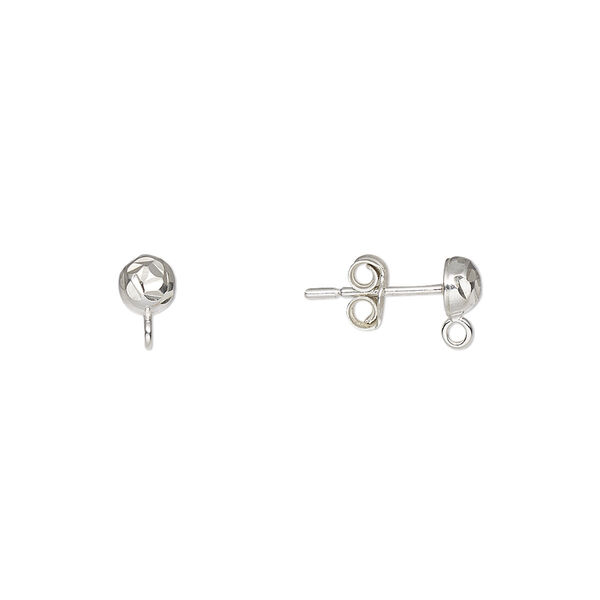 Earstud, sterling silver, 4mm diamond-cut half-ball with loop. Sold per pair. image number 0
