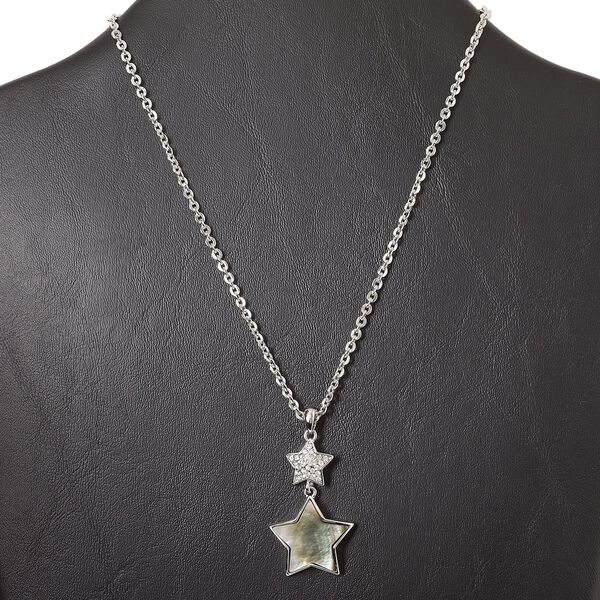 Necklace, rhodium-finished "pewter" (zinc-based alloy) / black lip shell (natural) / glass rhinestone, clear, 40x24mm double star, 15" to 16" necklace with lobster claw clasp and 3-inch extender chain. Sold individually. image number 0
