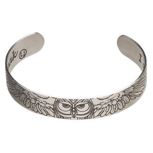 Bracelet cuff 1pkg1 silver-finished brass, black, 12mm wide with owl on outside / "I am strong because I've been weak" on inside.