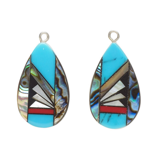 Drop, paua shell / mother-of-pearl shell / resin / silver-finished copper, multicolored, 24x14mm single-sided flat teardrop. Sold per pkg of 2. image number 0