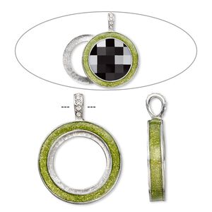 Pendant, Almost Instant Jewelry®, epoxy / crystals / imitation rhodium-finished "pewter" (zinc-based alloy), peridot green and crystal clear with glitter, 45x35mm single-sided with 30mm round setting. Sold individually.