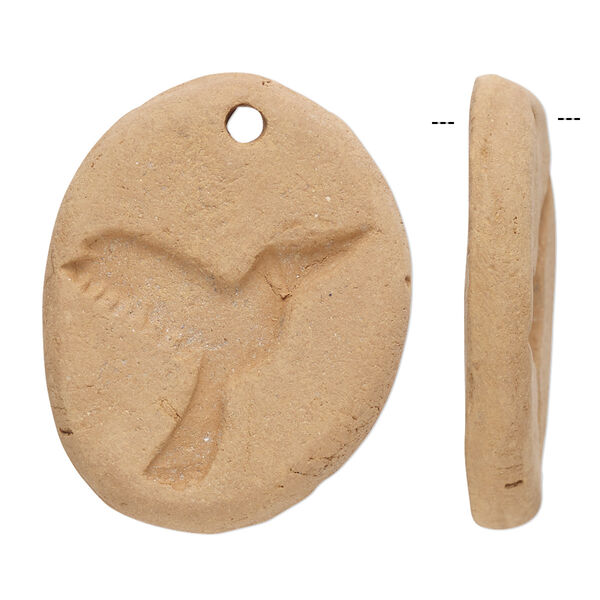 Focal, terra cotta, 31x26mm-34x28mm single-sided flat oval with bird design. Sold per pkg of 2. image number 0