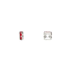 Bead, glass rhinestone and silver-plated brass, red, 4x2mm squaredelle. Sold per pkg of 10.