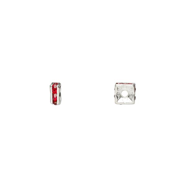 Bead, glass rhinestone and silver-plated brass, red, 4x2mm squaredelle. Sold per pkg of 10. image number 0
