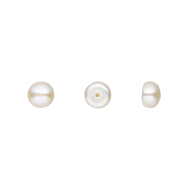 Pearl, White Lotus™, cultured freshwater (bleached), white, 5.5-6mm half-drilled button, B grade, Mohs hardness 2-1/2 to 4. Sold per pair. image number 0