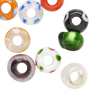 Bead, lampworked glass, opaque and translucent multicolored, 13x8mm-16x11mm large-hole rondelle. Sold per pkg of 10.