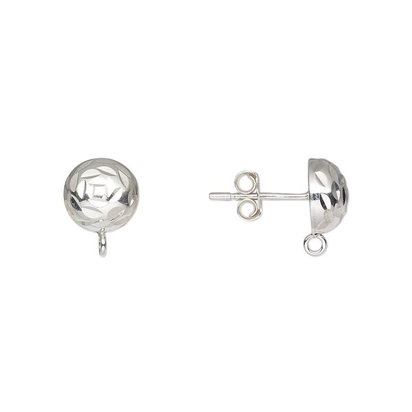 Earstud 1pkg2 sterling silver, 8mm diamond-cut half-ball / closed loop / earnuts, 1 pair image number 0