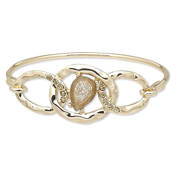 Bracelet, bangle, resin / glass rhinestone / gold-finished steel / "pewter" (zinc-based alloy), gold and light brown, 23mm wide, 7 inches with hook-and-eye clasp. Sold individually. image number 0