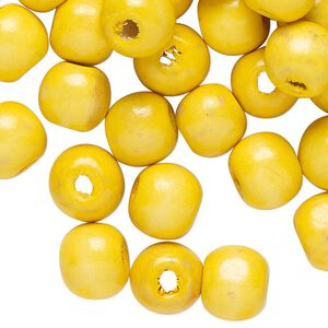 Bead, wood (dyed/waxed), yellow, 10mm round. Sold per 3-ounce pkg, approximately 313 beads.