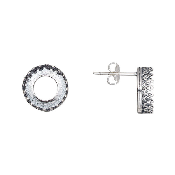 Earstud, JBB Findings, antiqued sterling silver, 12mm round with SS47 rivoli bezel setting. Sold per pair. image number 0