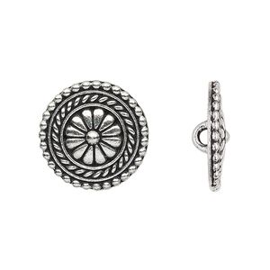 Button, TierraCast®, antique silver-plated pewter (tin-based alloy), 18mm beaded flat round with flower design and loop. Sold per pkg of 2.