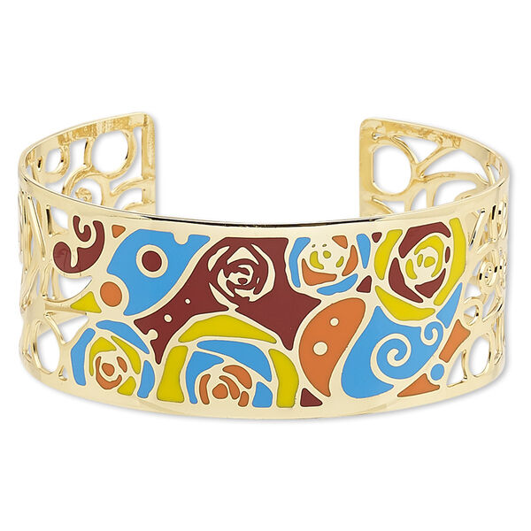 Bracelet, Avant-Garde Jewelry Collection™, cuff, enamel and gold-plated brass, multicolored, 30mm wide with cutout and rose with swirl design, adjustable from 7-1/2 to 8 inches. Sold individually. image number 0