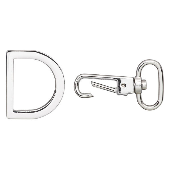 Clasp, D-ring, imitation rhodium-plated "pewter" (zinc-based alloy), 57x32mm with swivel. Sold individually. image number 0