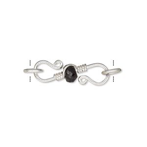 Clasp S-hook 1pkg1 sterling silver / black onyx, 22x8mm / 6mm closed jump ring, 1-strand