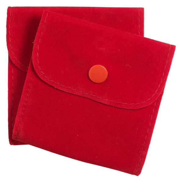 Pouch, velveteen and plastic, red, 3-inch square with snap closure. Sold per pkg of 2. image number 0