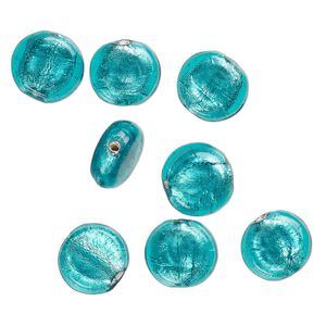 Bead, lampworked glass, opaque teal blue, 15x8mm-13x6mm flat round with silver-colored foil. Sold per pkg of 8.