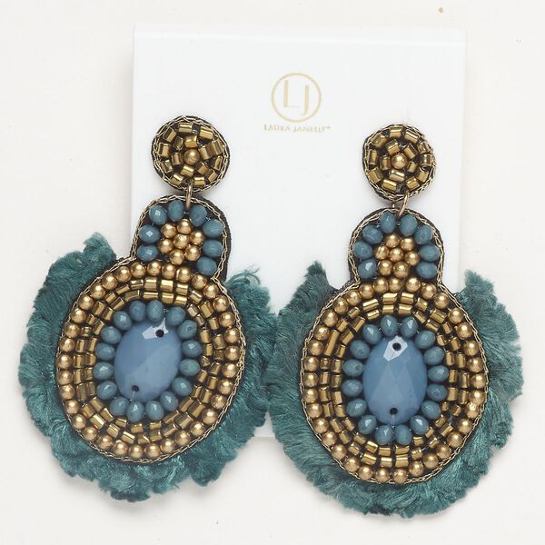 Earring 1pkg2 nylon / brass-finished brass and stainless steel, teal green, 3 inches with beading and fringe with earstud, 1 pair. image number 0
