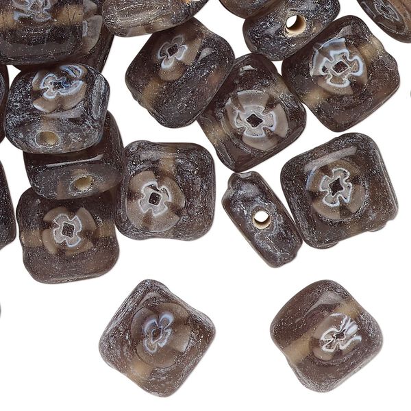 Bead, lampworked glass, translucent dark grey and white, 11mm puffed square. Sold per pkg of 50. image number 0