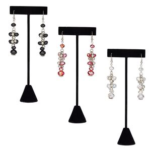 Earring, glass / imitation rhodium-coated plastic / imitation rhodium-plated steel / brass, assorted colors, 2-1/2 to 3 inches with fishhook ear wire. Sold per pkg of 3 pairs.