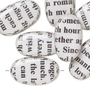 Bead, wood / newspaper / acrylic, white and black, 24x14mm double-sided flat oval with phrase in English. Sold per pkg of 8.