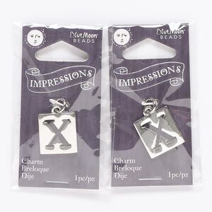Drop, silver-finished "pewter" (zinc-based alloy) and steel, 16x15mm square with cutout alphabet letter "X." Sold per pkg of 2.