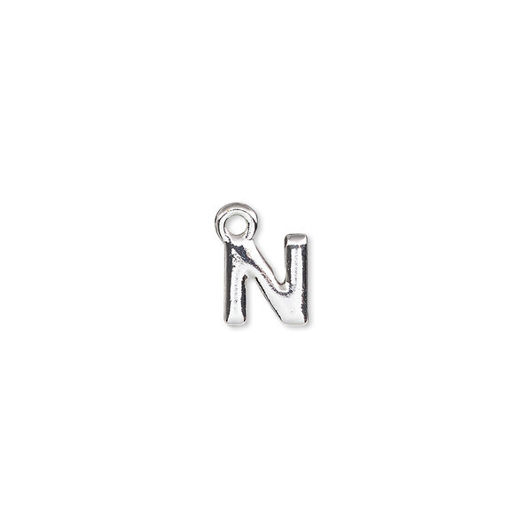 Charm, silver-finished "pewter" (zinc-based alloy), 7.5x7mm alphabet letter N. Sold per pkg of 2. image number 0