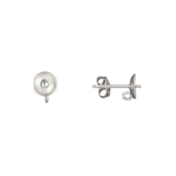 Earstud, glue-in sterling silver, 6mm cup with peg and open loop, fits 6-8mm half-drilled bead. Sold per pair. image number 0