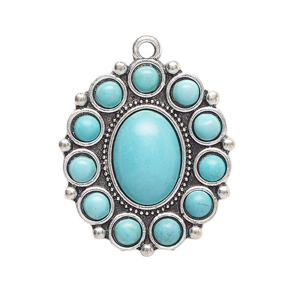 Drop, antique silver-finished "pewter" (zinc-based alloy) and "turquoise" (resin) (imitation), turquoise blue, 30x26mm single-sided oval. Sold per pkg of 2. image number 0