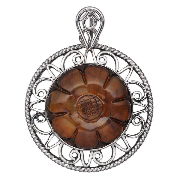 Pendant, amber (heated) and antiqued sterling silver, 38mm filigree round with 25mm carved flower. Sold individually. image number 0