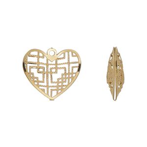 Charm, gold-finished stainless steel, 18x15.5mm double-sided domed heart with textured cut-out geometric design. Sold per pkg of 6.