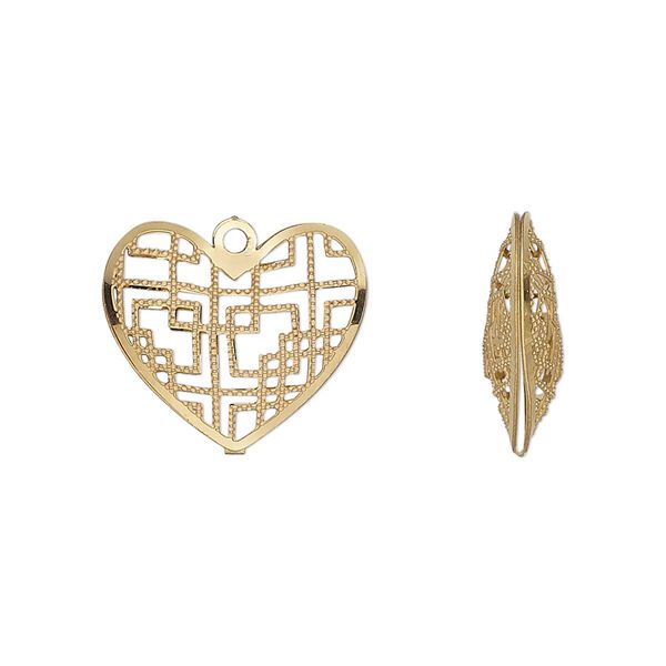 Charm, gold-finished stainless steel, 18x15.5mm double-sided domed heart with textured cut-out geometric design. Sold per pkg of 6. image number 0