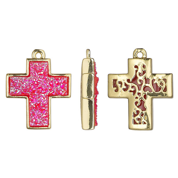 Drop, Druzylite™, "druzy" (resin) and gold-finished brass, hot pink, 18x16mm two-sided cross with open filigree back. Sold per pkg of 4. image number 0