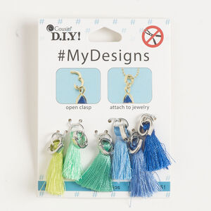 Tassel assortment 1pkg6, nylon and silver-finished steel, mixed colors, 1 inch with hinged clasp.