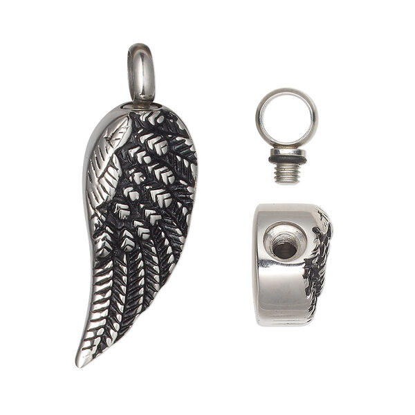 Pendant, antiqued stainless steel and silicone, black, 34x12mm single-sided wing with watertight chamber. Sold individually. image number 0