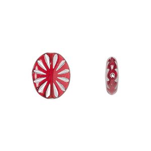 Bead, Preciosa, Czech pressed glass, opaque red,  matte silver, 14x11mm fluted flat oval. Sold per pkg of 10.