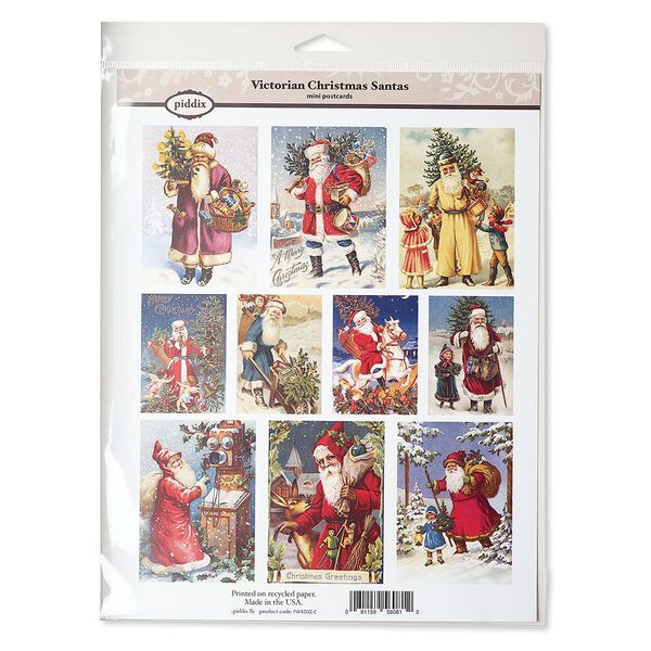 Crafting paper, piddix, matte multicolored, 11x8-1/2 inches with (4) 2-1/3 x 1-11/16 inch and (6) 3-1/4 x 2-1/3 inch single-sided rectangle with "Victorian Christmas Santas" patterns. Sold individually. image number 0
