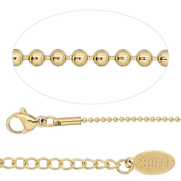 Chain, gold-finished stainless steel, 1.2mm ball, 20 inches with 2-inch extender chain and lobster claw clasp. Sold individually. image number 0
