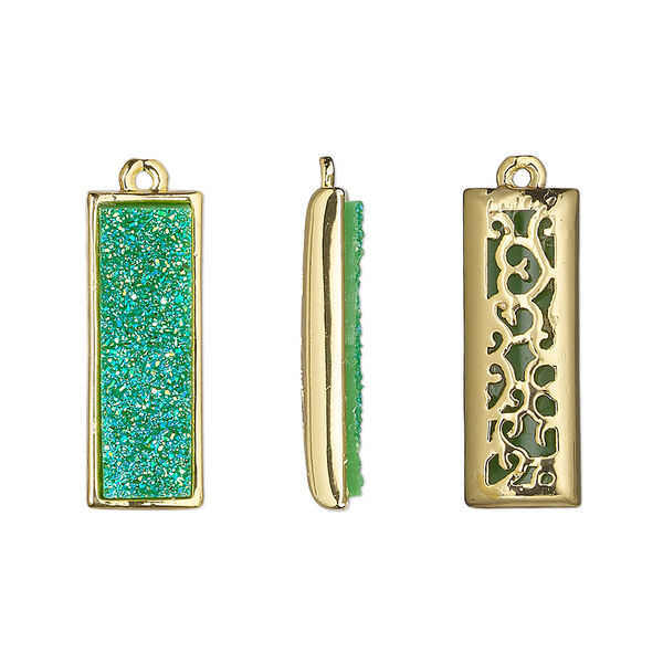 Drop, Druzylite™, "druzy" (resin) and gold-finished brass, green, 21x8mm two-sided rectangle with open filigree back. Sold per pkg of 4. image number 0