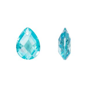 Drop, cubic zirconia, aqua blue, 16x12mm hand-faceted teardrop, Mohs hardness 8-1/2. Sold per pkg of 2.