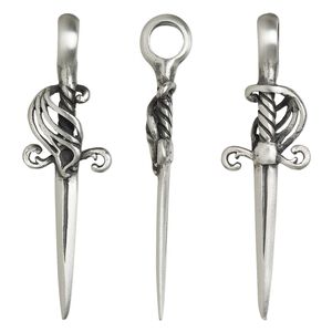 Pendant, Powerful Pewter Pendants, antiqued pewter (tin-based alloy), 58x18mm 3D dagger. Sold individually.
