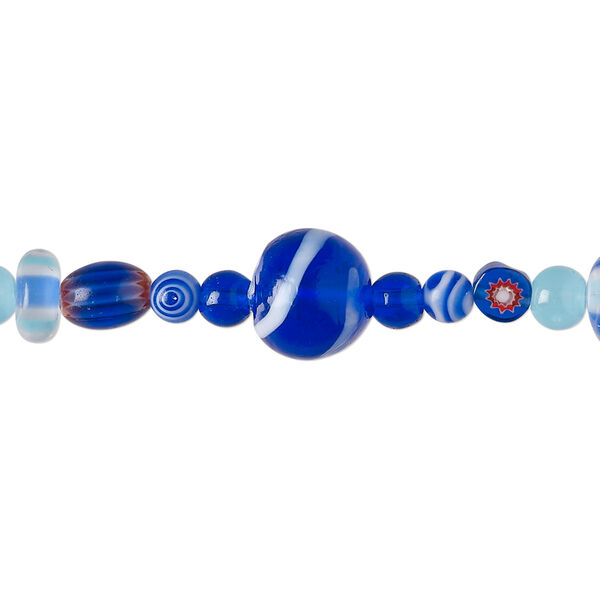 Bead mix, glass, pkg/7 inch, 4-9mm mixed shapes, translucent multi-blue. image number 0