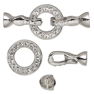 Clasp fold-over 1pkg1 silver-plated "pewter" (zinc alloy), 54x22mm flat ring / double latch / fits 6.2mm cord, clear rhinestone 1-strand