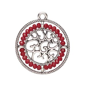 Drop, glass and antique silver-finished "pewter" (zinc-based alloy), dark red, 28mm round with hearts and beaded border. Sold per pkg of 2.