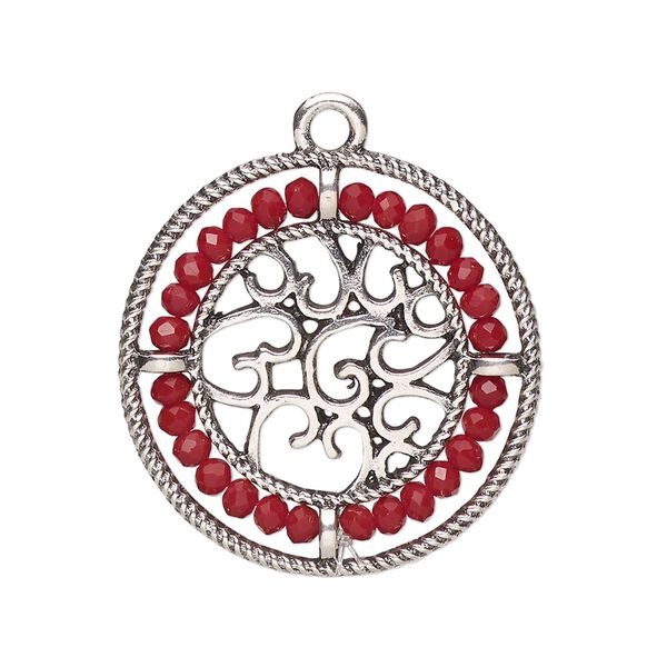 Drop, glass and antique silver-finished "pewter" (zinc-based alloy), dark red, 28mm round with hearts and beaded border. Sold per pkg of 2. image number 0