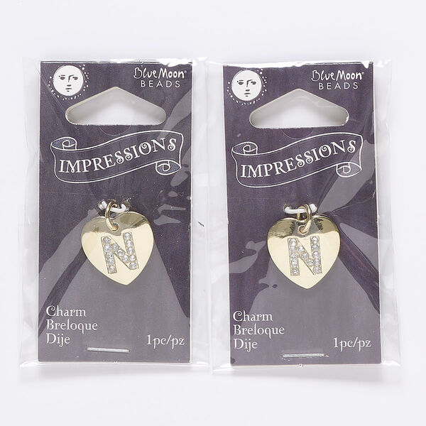 Charm, gold-finished "pewter" (zinc-based alloy) / steel / acrylic rhinestone, clear, 15.5x15mm single-sided puffed heart with letter "N." Sold per pkg of 2. image number 0